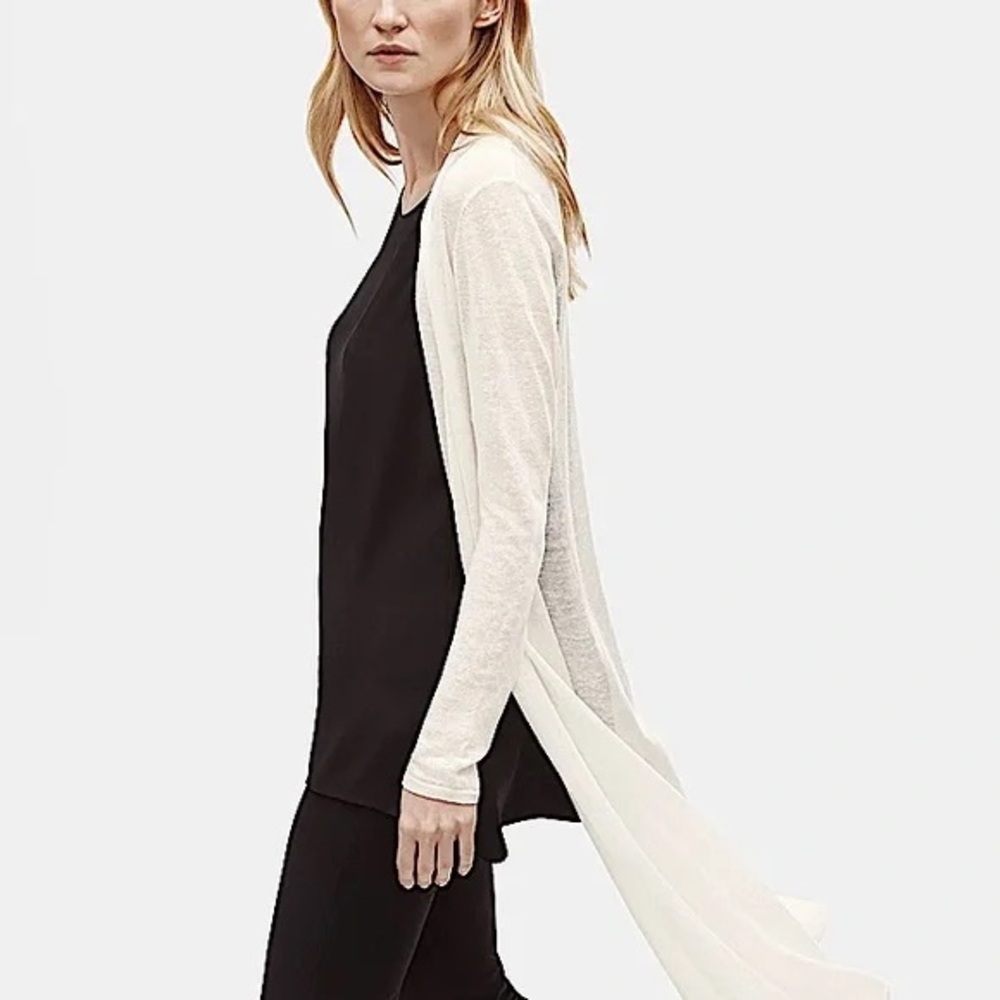 Eileen Fisher Washable Wool Crepe Kimono Long Cream Duster Cardigan - Picture 2 of 6
